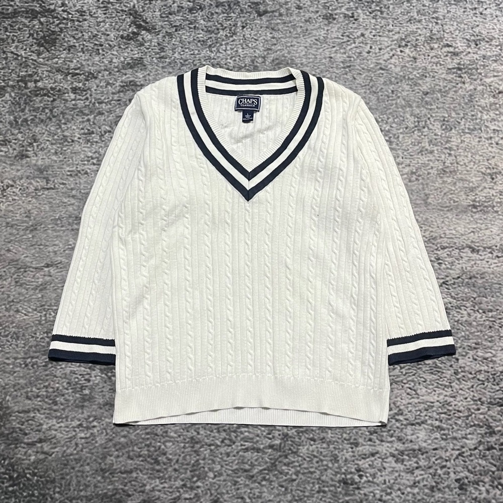 Chaps V Neck Cable Knit Sweater Womens Large White Blue Casual Cottage Pullover‎